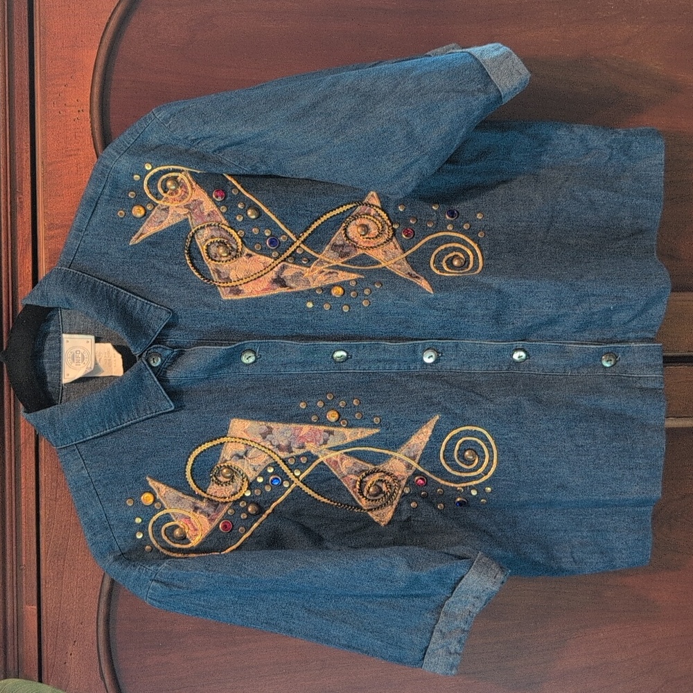 Vintage Aztec Studded Denim Button-Up Shirt